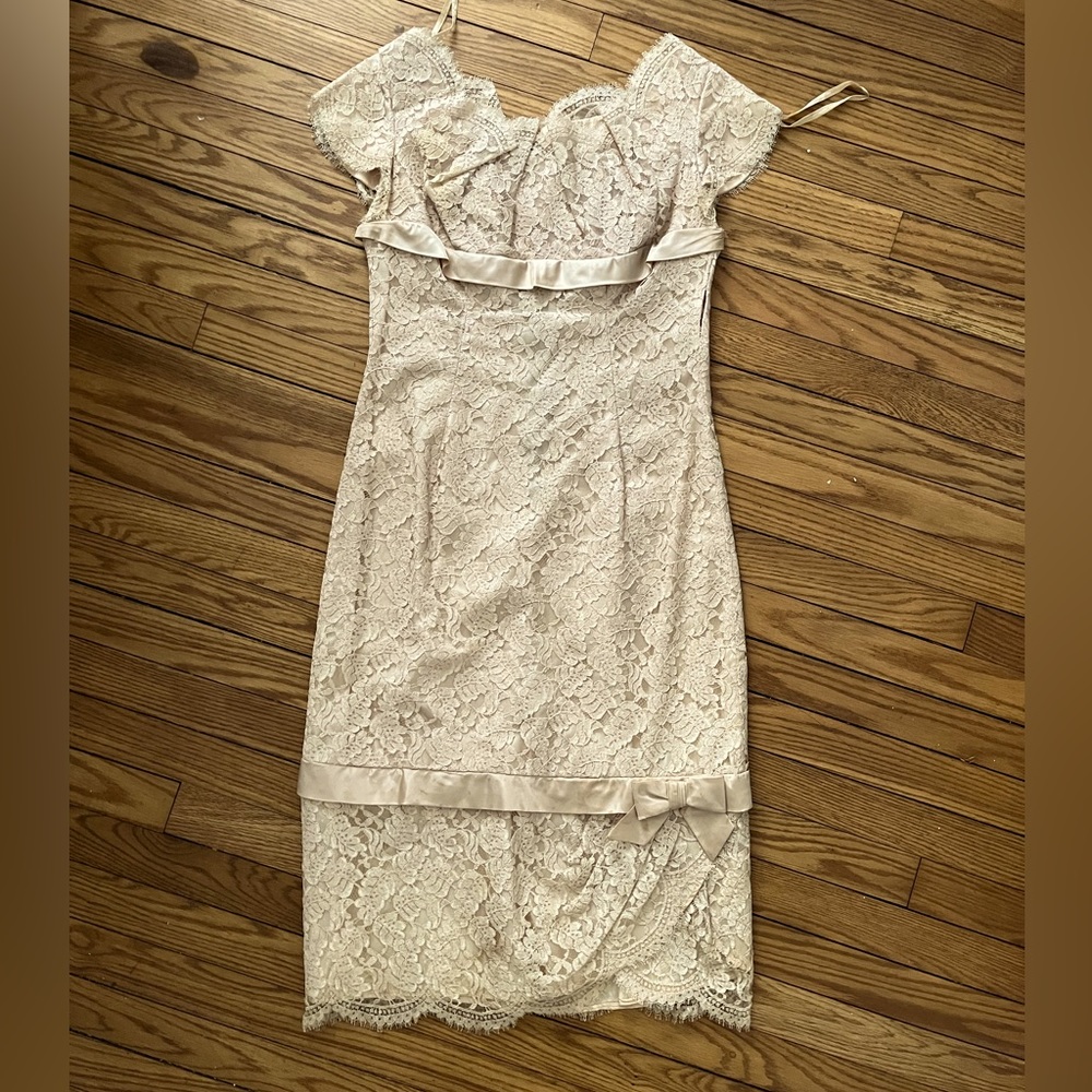 Blush tan cream pink lace tea length party dress vintage size small pencil skirt